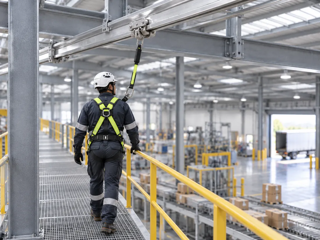 Línea de vida cenital de riel rígido en instalación industrial en Ecuador
