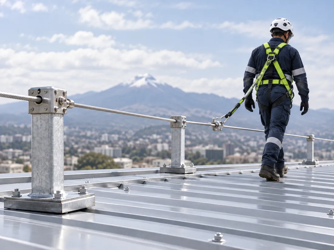 Instalación de línea de vida horizontal permanente sobre cubierta industrial en Ecuador