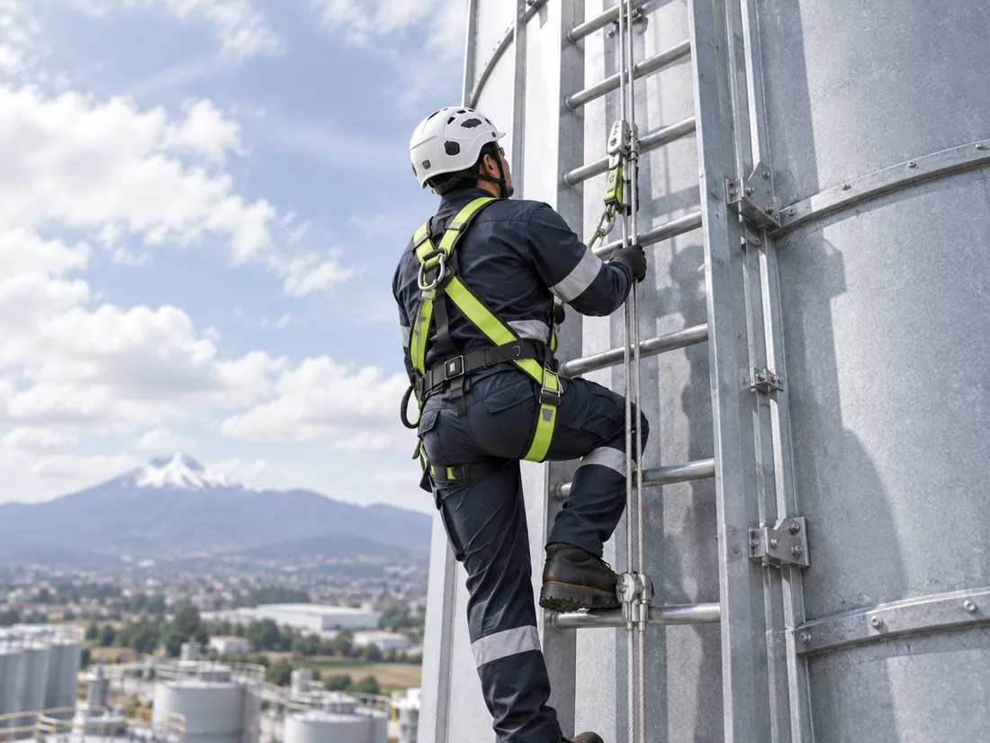 Línea de vida vertical para ascenso seguro por escalera fija en Ecuador